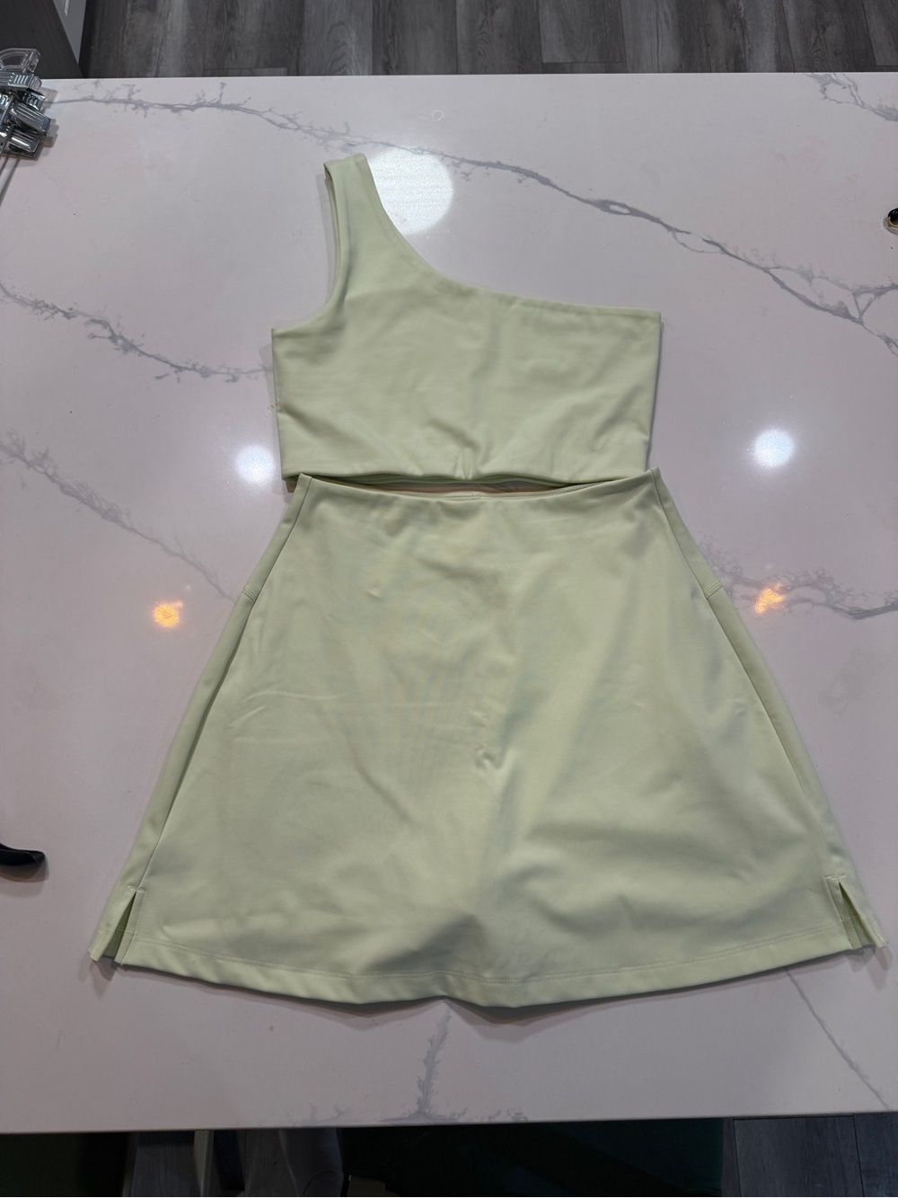 girlfriend collective One-Shoulder and skort Set in Sage Green